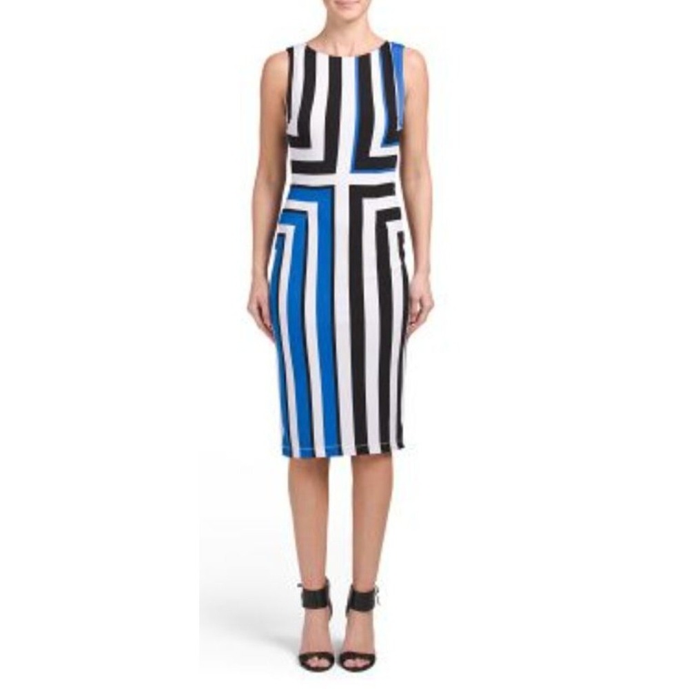 Maggy London Womens Stripe Printed Sleeveless Sheath Jersey Midi Dress Sz 10 NWT - Picture 14 of 14